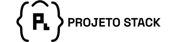 Black digital logo featuring a stylized bracketed 'P' icon next to the text 'PROJETO STACK' on a solid white background.